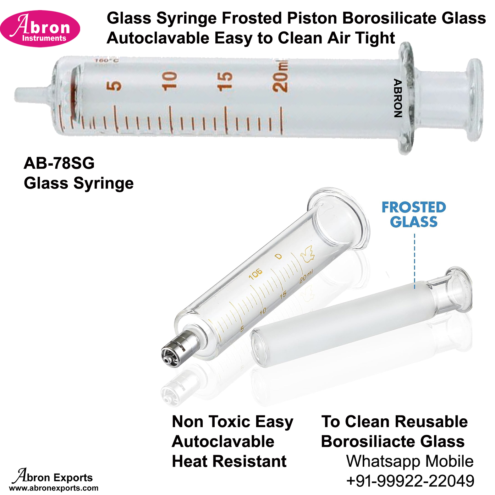 Lab Syringe Glass Volume 20ml CC Piston Borosilicate Glass Reusable Autoclavable No Needle 10pc Abron AB-78SGL20 